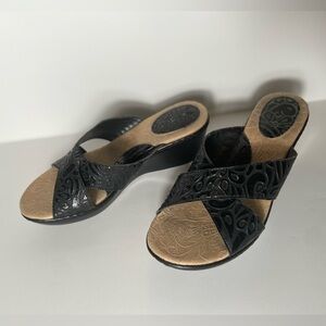 B.O.C.~Black~Embossed~Leather~Criss Cross Strap~Slip-On~Wedge Sandal~Size 6